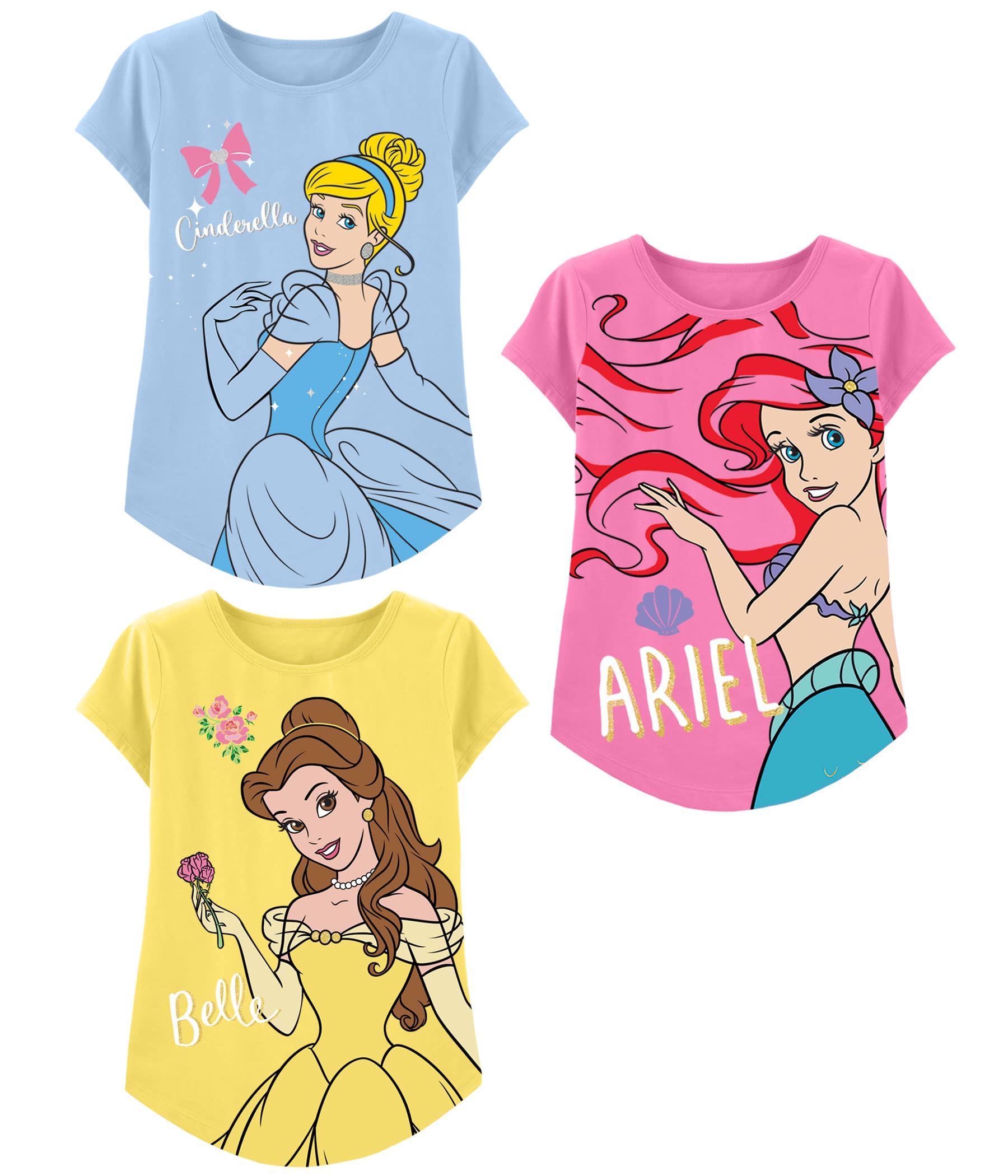 Photo 1 of Disney Princess T-Shirts (3-Pack) Girls Short Sleeve Aurora, Cinderella, Snow White, Jasmine, Rapunzel, Ariel, Moana, Tiana 7 Lb/Pk/Y SS