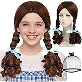 TIKJOYS (Wig Cap + Reddish Brown Braided Cosplay Wig with Blue Ribbons for Women Synthetic Hair Long Costume Wigs with Braids for Adults Fairy Tale Brown Wigs for Halloween Costume Party Outfit