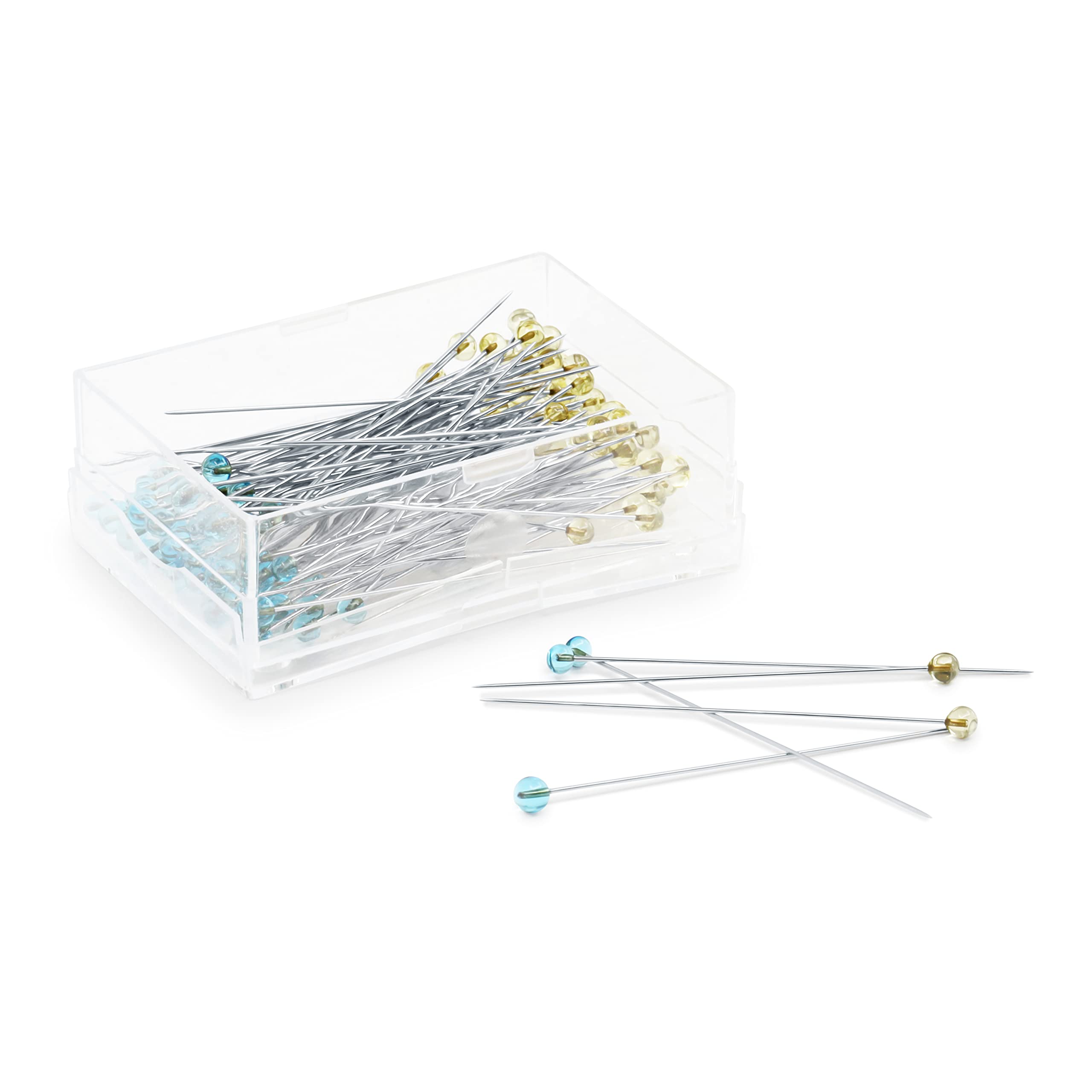 Dritz 3035 Crystal Glass Head Pins, 1-7/8-Inch (100-Count), Blue and Yellow