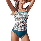 CUPSHE Women's Tankini Sets Two Piece Bathing Suits Square Neck Adjustable Straps Ruched Swimsuits Swimwear