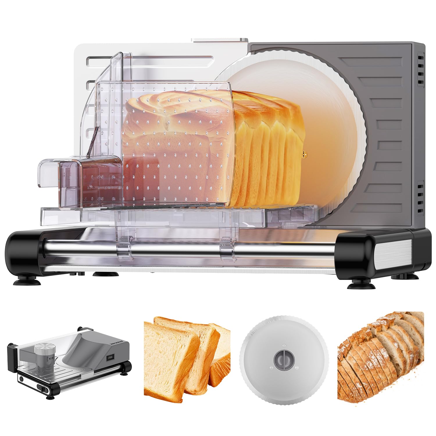 Photo 1 of AERKINE Bread Slicer for Homemade Bread - 120W Deli Food Slicer with Removable 6.7" Stainless Steel Blades, 0-18mm Adjustable Thickness, Sourdough Bread Slicer for Homemade & Commercial Use