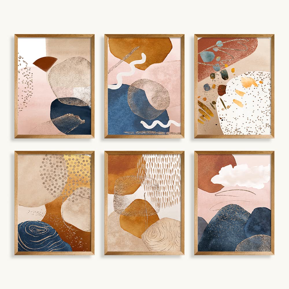 YUMKNOW Boho Abstract Wall Art - Unframed 8x10 Set of 6, Mid Century Modern Wall Decor for Living Room, Minimalist Wall Art Prints, Boho Decor for Bedroom, Aesthetic Posters, Gold Blue Art Office