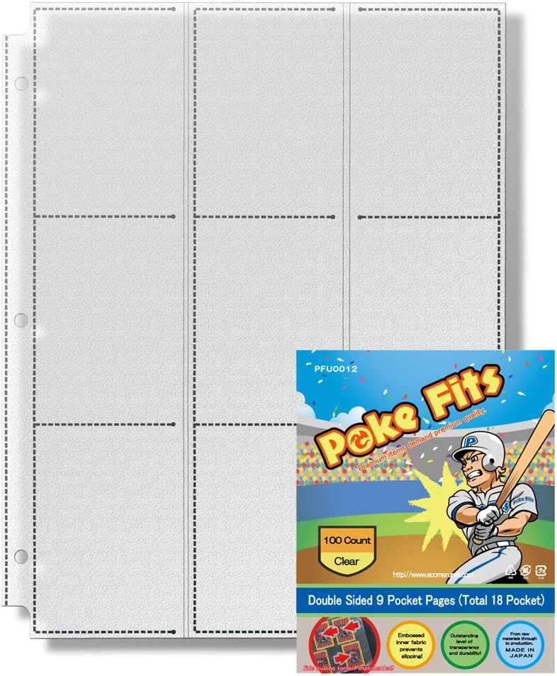 Japan Quality- Poke Fits Non Slip Sports Trading Card Protectors Clear (100 Count) Double Sided 9 Pockets Page (Total 18 Pockets for a Sheet) for Collecting Card Binder