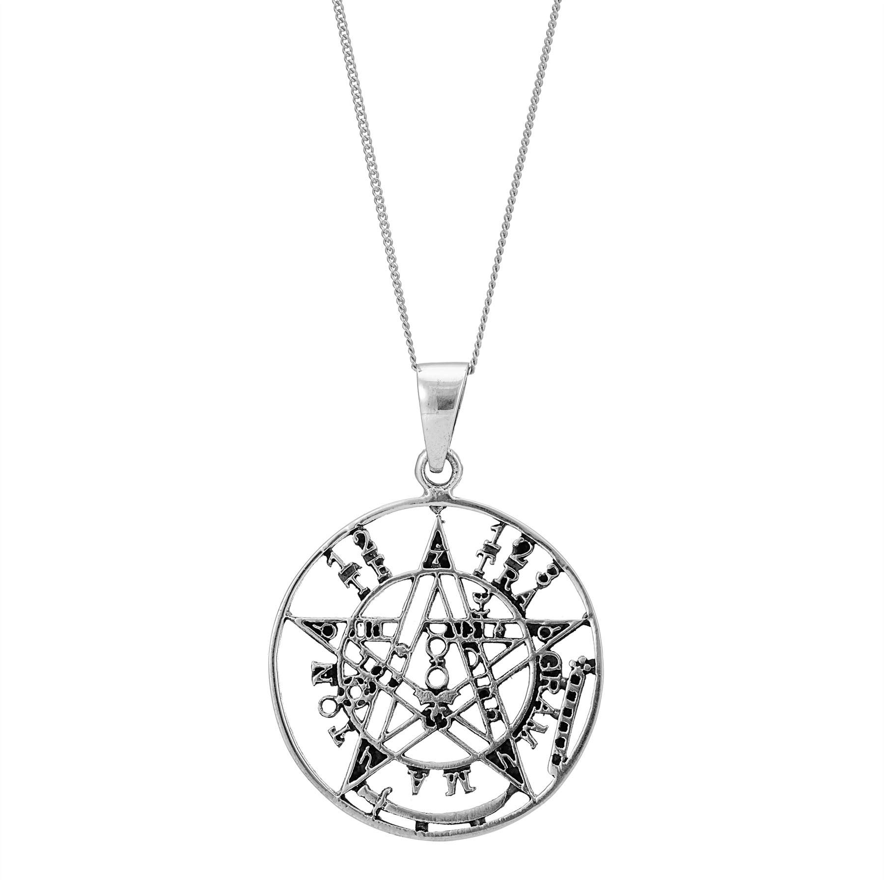 81stgeneration 925 Silver Large Round Tetragrammaton Pendant on Curb Chain - Sterling Silver Pentacle Medallion Necklace - Openwork Pentagram Talisman - Symbolic Jewellery for Women - Spritual Gifts