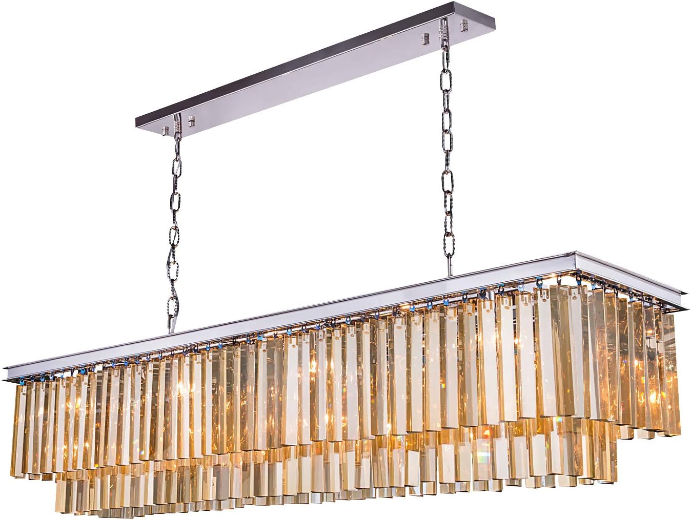 Odeon 12 Light Golden Teak Glass Fringe Rectangular Chandelier Light Fixturein Polished Nickel - Restoration Revolution 700136-005