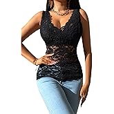 OYOANGLE Women's Sleeveless Mesh Floral Lace Scallop V Neck Backless Tank Top Blouse