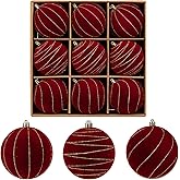 Briful 4'' Velvet Flocked Christmas Ball Ornaments – 9 pcs Burgundy Xmas Balls Baubles, Mix of Painted & Gold-Edge Solid Shades – Shatterproof Velvet Ornaments for Christmas Tree & Holiday Decor