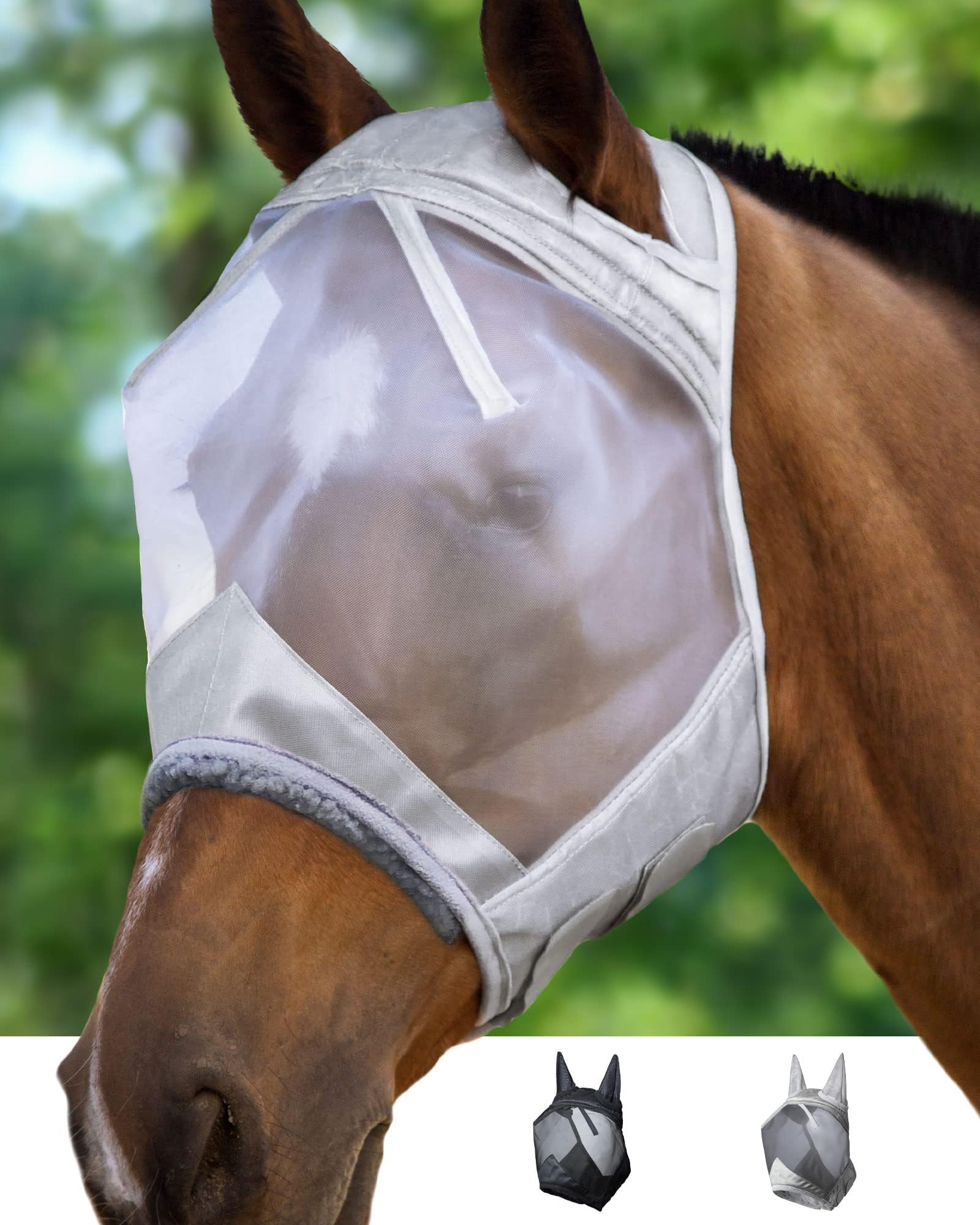 Harrison Howard CareMaster Midge-proof Fleece Padding Horse Fly Mask Half Face with Ears Moonlight Silver Small Pony
