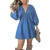 utcoco Denim Dress for Women Puff 3/4 Sleeves V Neck Swing A Line Cute Babydoll Mini Jean Dresses for Women 2025