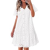 KIRUNDO Eyelet Dresses for Women 2026 Spring Summer Short Sleeve Button Down Loose Mini Babydoll Dress Beach Vacation Clothes