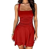 GOKATOSAU Women's Square Neck Sleeveless Bodycon Ruched Waist Flowy A-Line Ruffle Hem Mini Dress