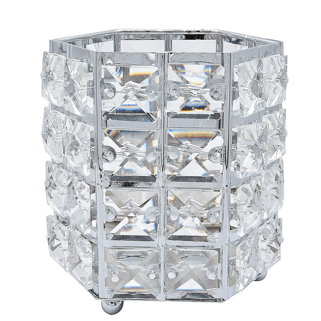 SIPLIV Makeup Brush Holders Pen Holder Handcrafted Crystal Eyebrow Pencil Pen Collection Cosmetic Storage for Vanity Bathroom Office Desk Organizer - Hexagon, Silver