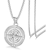 FSYAEGZA Men's Compass Pendant Necklace, Stainless Steel Compass Circle Vintage Coin Necklace Navigator Forged for Male Talisman Travel Jewelry