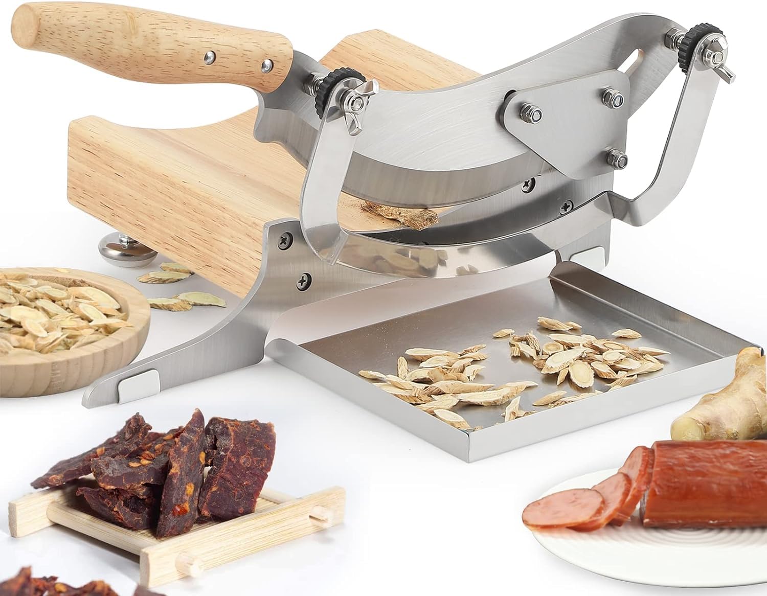Moongiantgo Biltong Slicer Manual Chinese Medicine Slicer Radiused Beef Jerky Cutter,0-0.5" Adjustable Thickness with Wooden Base Herb Root Cutting Machine for Ginseng Antler Gastrodiae Maca (KD0281)