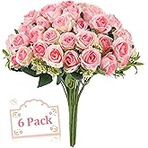 Ovveroche 6 Stems 10 Heads Pink Artificial Silk Roses Bouquets with Leaf Faux Flowers for Wedding, Grave Decor, Home Indoor, Outdoor Wedding Office Use