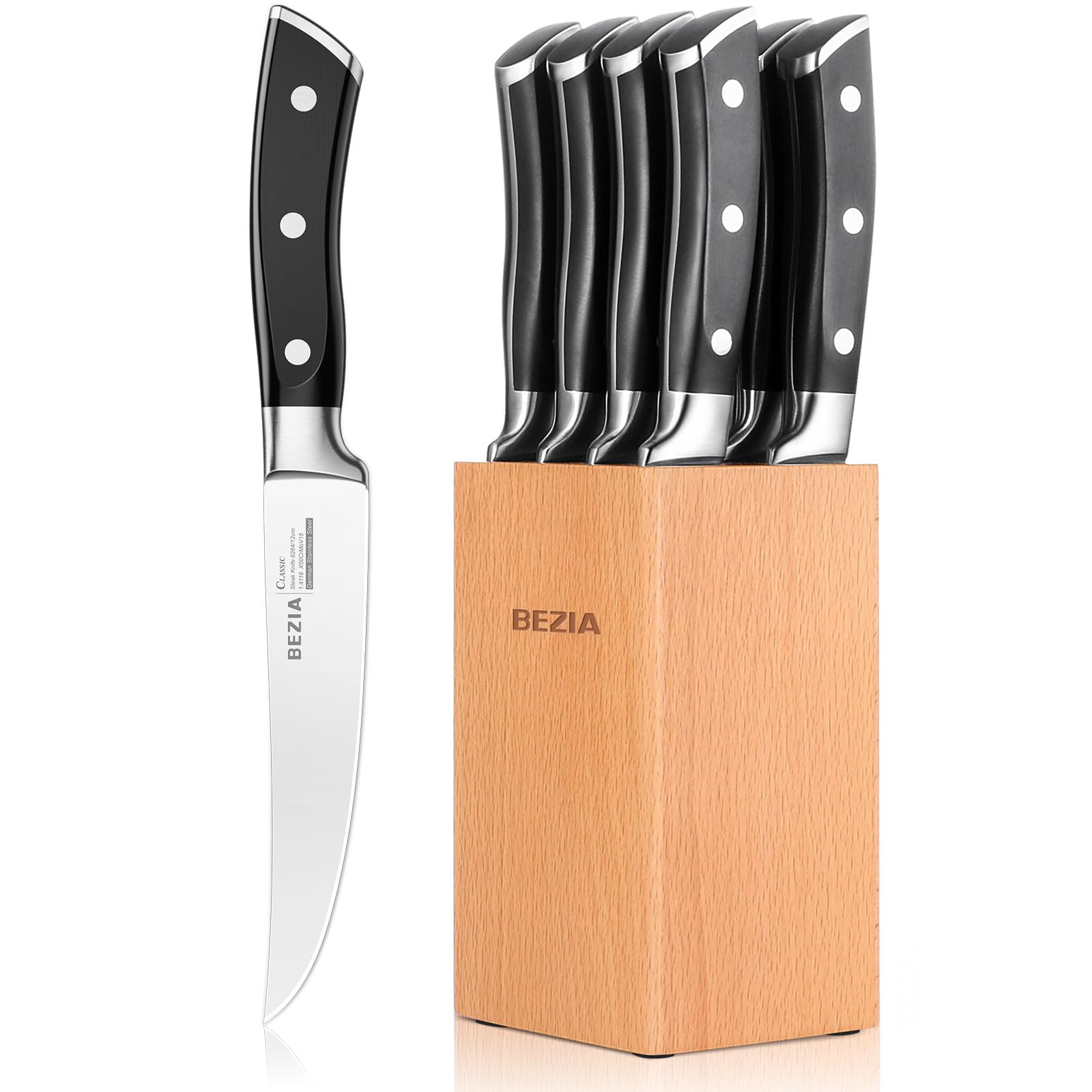 Photo 1 of (USED/FAIR) (DAMAGED) BEZIA Steak Knives Set with Block, Non Serrated Steak Knife Set of 8, 5 inch Razor Sharp German Steel Steak Knives Set - Full Tang Handle