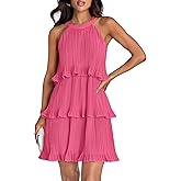 ZESICA Women's 2026 Summer Halter Dresses Sleeveless Ruffle Tiered Layered Chiffon Pleated A Line Swing Mini Dress