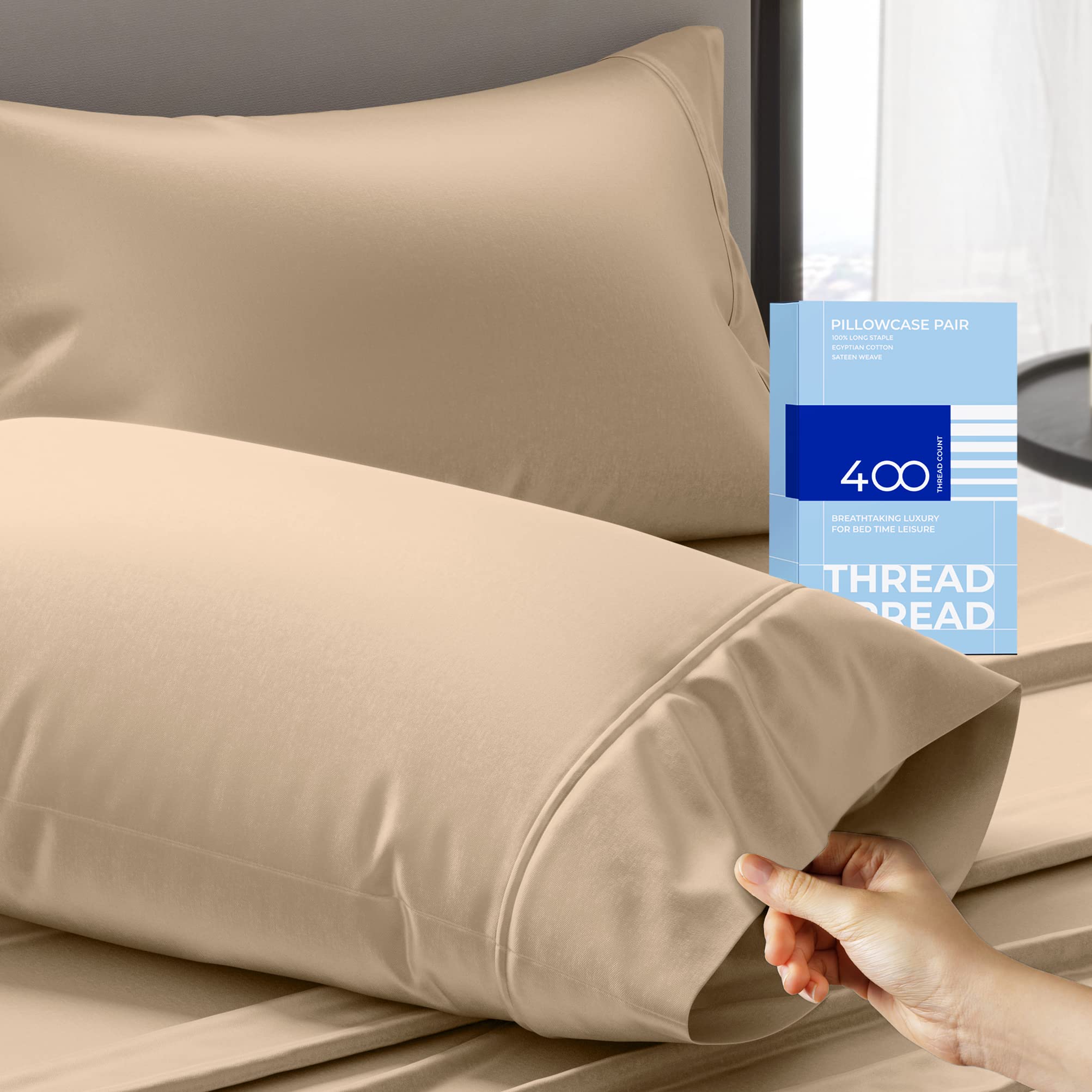Photo 1 of THREAD SPREAD 100% Cotton Pillowcases Standard/Queen Size Set of 2-400 Thread Count Cotton Pillowcases, Ultra Soft Cooling Sateen Weave Pillow Cases for Sleeping, Set of 2 Pillow Covers (Taupe)