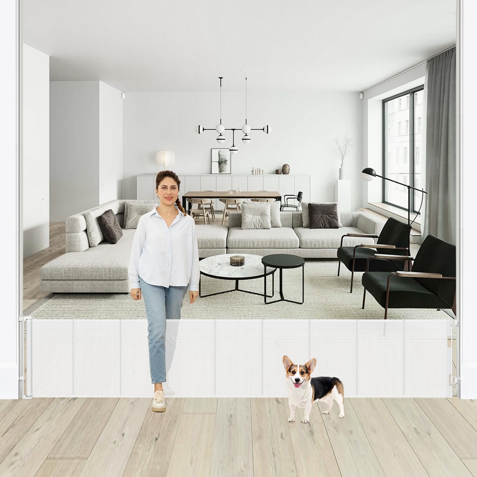 Photo 1 of 24 Inch Tall x 150 Inch Extra Wide Retractable Dog Gate for The House, Short Baby Gate to Step Over, Reinforced Mesh Puppy Gate for Doorways, Step Over Pet Gate for Stairs, Indoor/Outdoor, White