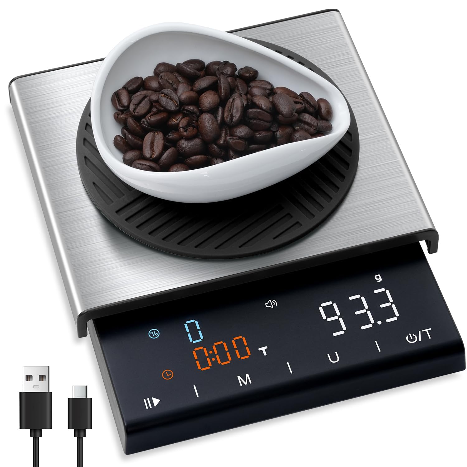TIPRE Báscula de café con temporizador, báscula de espresso de alta precisión de 0,1 g, báscula de peso para verter sobre café, báscula de café recargable para espresso con pantalla LED a color, sensor táctil, cubierta de silicona