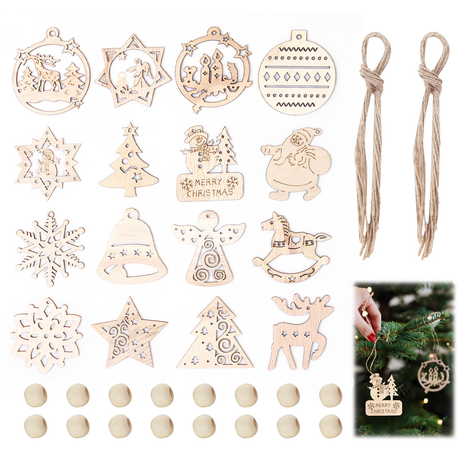Pack of 16 Wooden Christmas Tree Decorations, Hanging Natural Wood Festive Christmas Tree Ornaments, Laser Cut Wood Pendants for Festive Holiday Decor, with Jute Strings (7 cm)