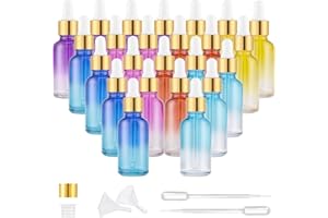 PrettyCare Eye Dropper Bottles 1oz (Rainbow Colored Glass Bottle 24 Pack 30ml with Golden Caps, 48 Labels, Funnel & Measured Pipettes) Empty Tincture Bottles for Essential Oils, Perfume