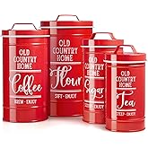 DAYYET Red Canisters for Kitchen Counter, Airtight Kitchen Canisters for Countertop, Flour and Sugar Containers, Tea Coffee Sugar Canister Set, Red Kitchen Decor and Accessories, Set of 4