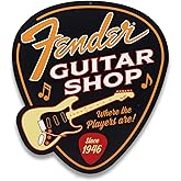 Fender Guitar Shop Pick-Shaped Metal Sign - Vintage Fender Sign for Music Room or Man Cave