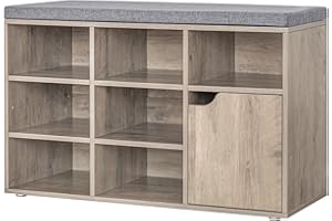 DINZI LVJ Shoe Bench, Entryway Storage Bench with Door and 7 Cubbies, Cubby Shoe Rack with Adjustable Shelves, Shoe Organizer Cabinet for Living Room, Bedroom, Mudroom and Garage, Greige