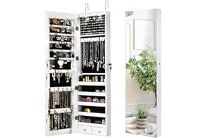 NAFORT 2 LEDs Mirror Jewelry Armoire, 47.5" H Door or Wall Mounted Jewelry Cabinet with Frameless Mirror, Lockable Jewelry Storage Box, Hanging Jewelry Organizer with 2 Drawers, White