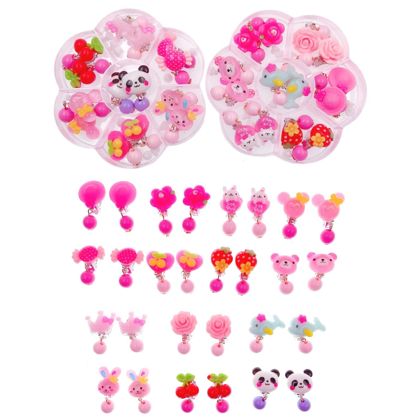 JZK 14 Pairs plastic pink cute girls clip on earrings set toy jewelry for 4-7 years old girls birthday gift party favours giveaways thank you gift