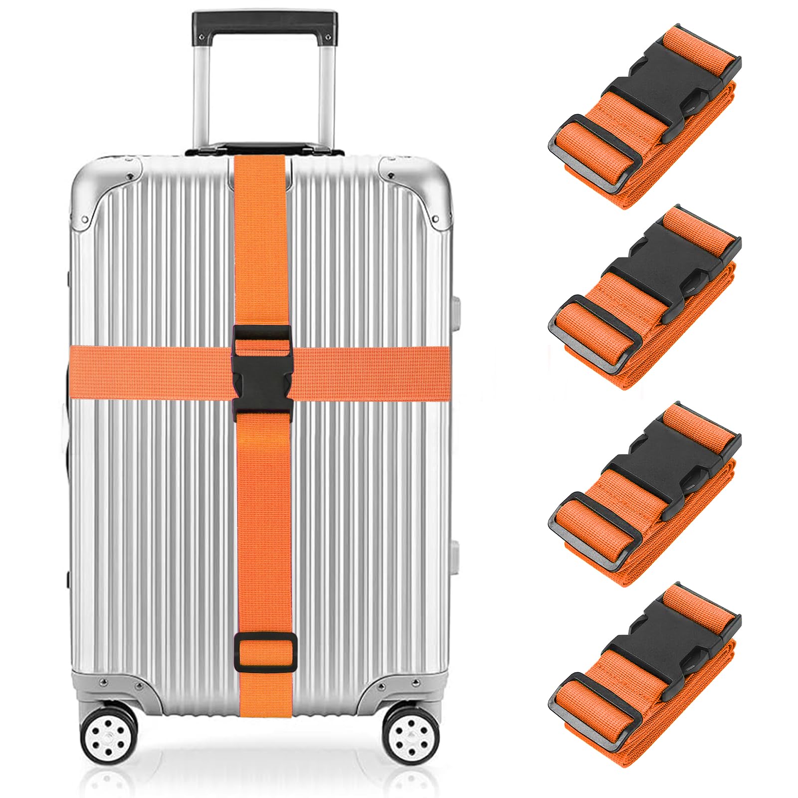 Newthinking Luggage Straps for Suitcase 4 Pack, Heavy Duty Adjustable Suitcase Bands with Buckle, Orange Luggage Identifier Belts for Travel Case, 3.8x200CM