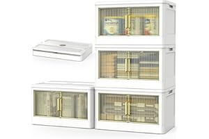 Potahouse Storage and Organization, 4 Pack Storage Bins with Magnetic Doors and Wheels, 34.4Qt Stactable Storage Box with Wheels, Plastic Folding Bins with Lids