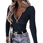 OwnTime Womens Sexy Tops Long Sleeve Henley Shirts Fitted Low Cut Tops Ribbed Zipper V Neck Cleavage Fall Shirts Blouses