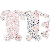 Vollmic Newborn Baby Knotted Gown Sleeper Gown with Mittens Long Sleeve Nightgown Baby Coming Home Outfit with Hat 2 Pieces