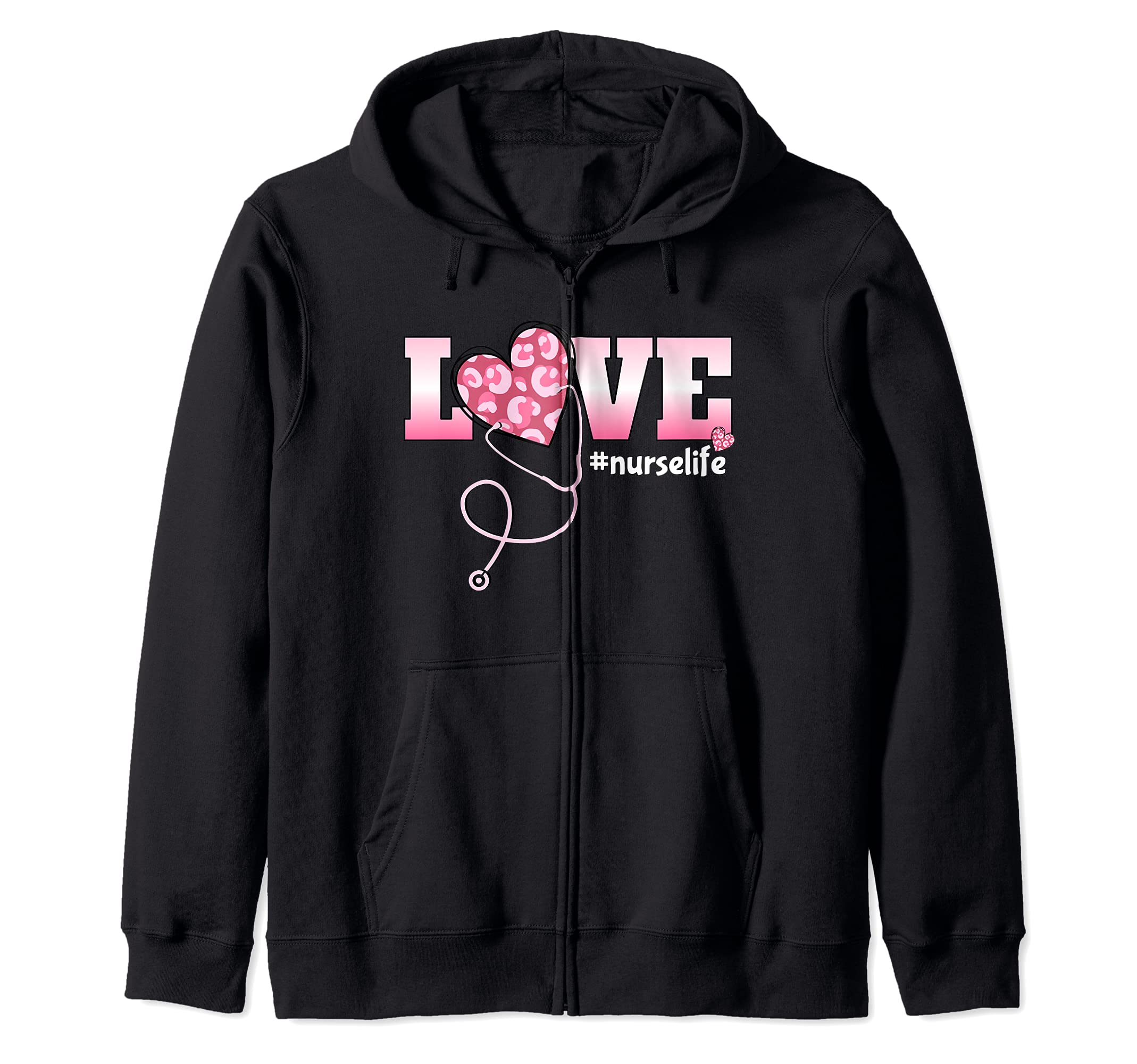 Nurse Life LOVE #nurselife RN LPN Heart Leopard Funny Nurses Zip Hoodie