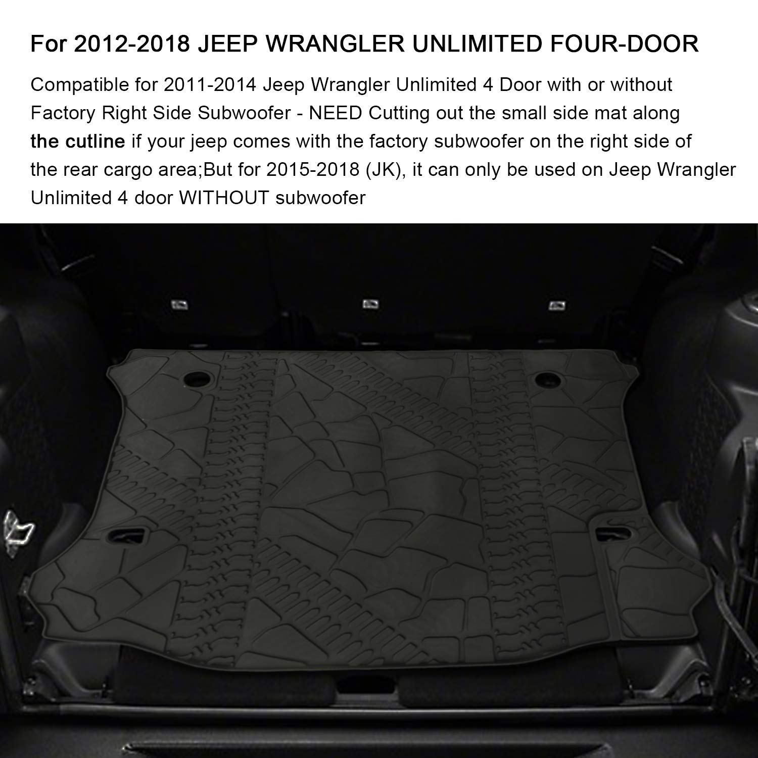WINUNITE Black Cargo Liner Rear Floor Mat for 2012-2018 Jeep Wrangler Unlimited 4 door TPE Material Cargo Tray All Weather Protector Cover Trunk Cargo Mat with or Without Factory Right Side Subwoofer