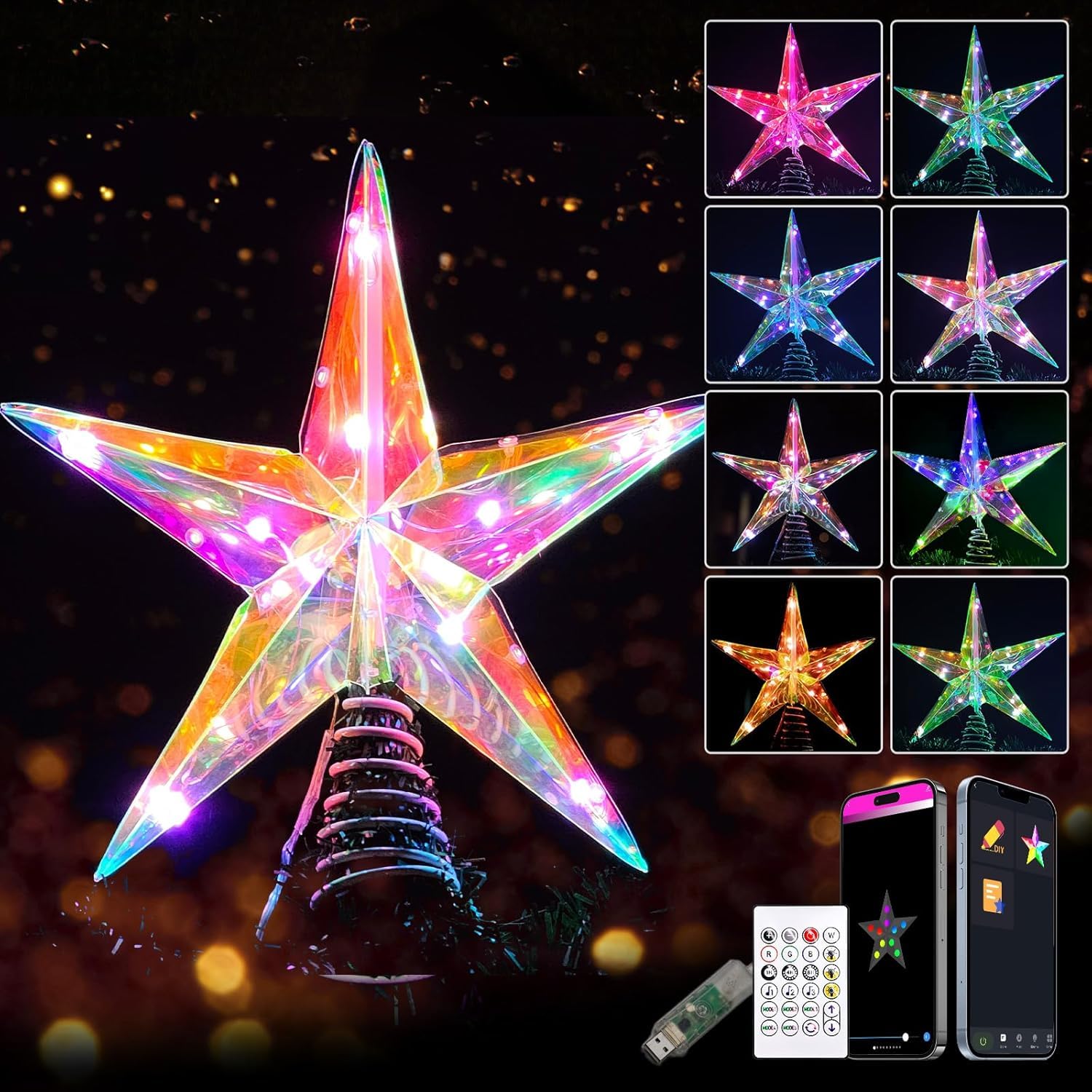 Photo 1 of 10” Lighted Christmas Tree Topper Star, Foldable Christmas Topper Star with DIY Colors Changing, Smart App, Music Sync, Timer, Xmas Treetop Decorations?Iridescent Decoration with 10 RGB LED Lights