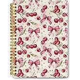 JKMBN Coquette Pink Bow Cherry Spiral Notebook for Women Girls, Vintage Journaling Notebooks, Cute Pink Notebook Journal, Pink Office Supplies, Hardcover Spiral Lined Notebook 5.5 x 8.3