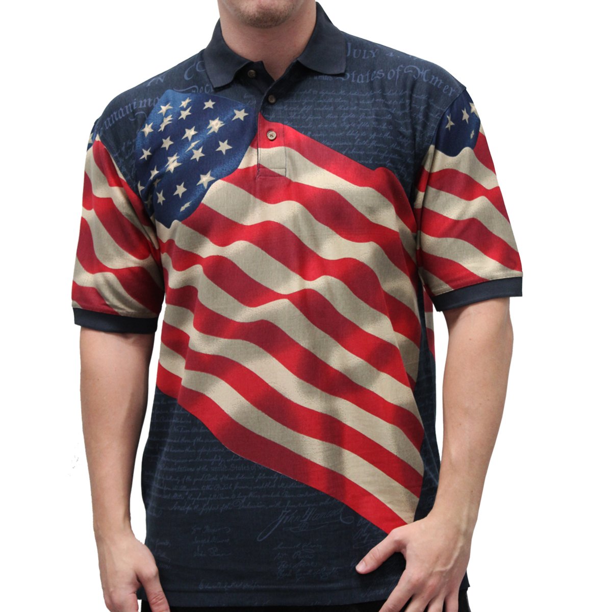 Photo 1 of American Summer Original Men's Waving USA Flag Polo Shirt in Navy Blue (4X, Navy)