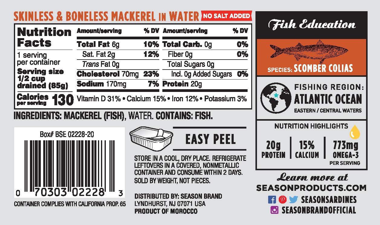 Season Mackerel in Water Skinless & Boneless, No Salt Added, Wild
