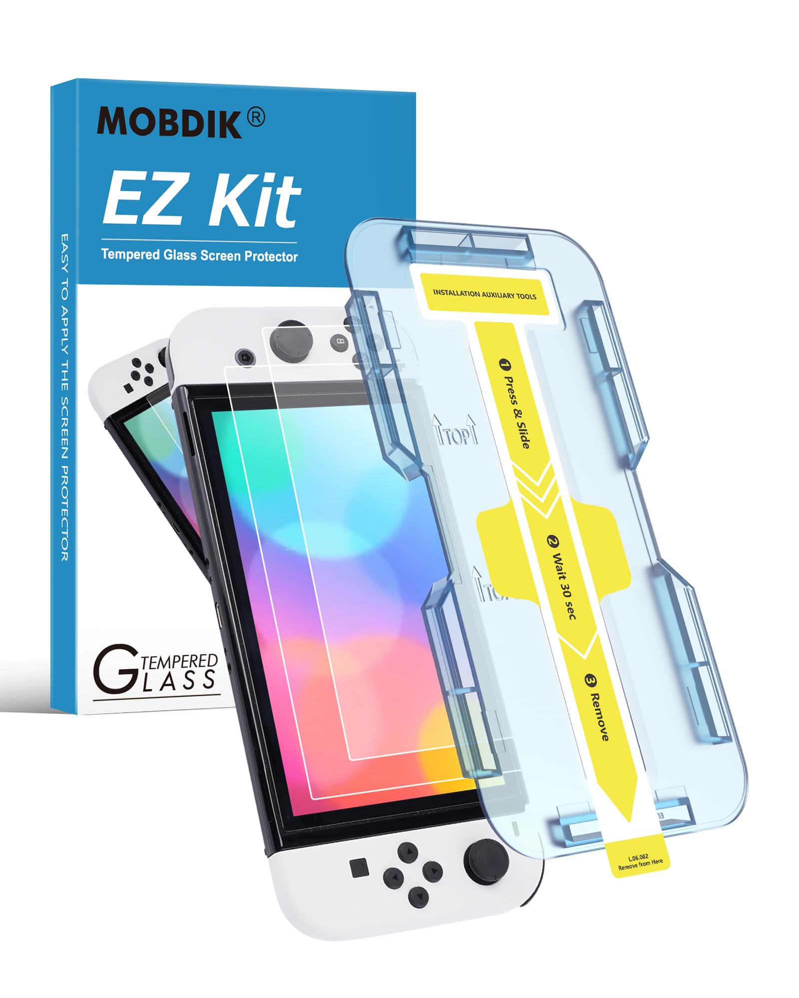 Photo 1 of MOBDIK Tempered Glass Screen Protector for Nintendo Switch OLED Model 2021 EZ Kit, Automatic Alignment, 2 Pack