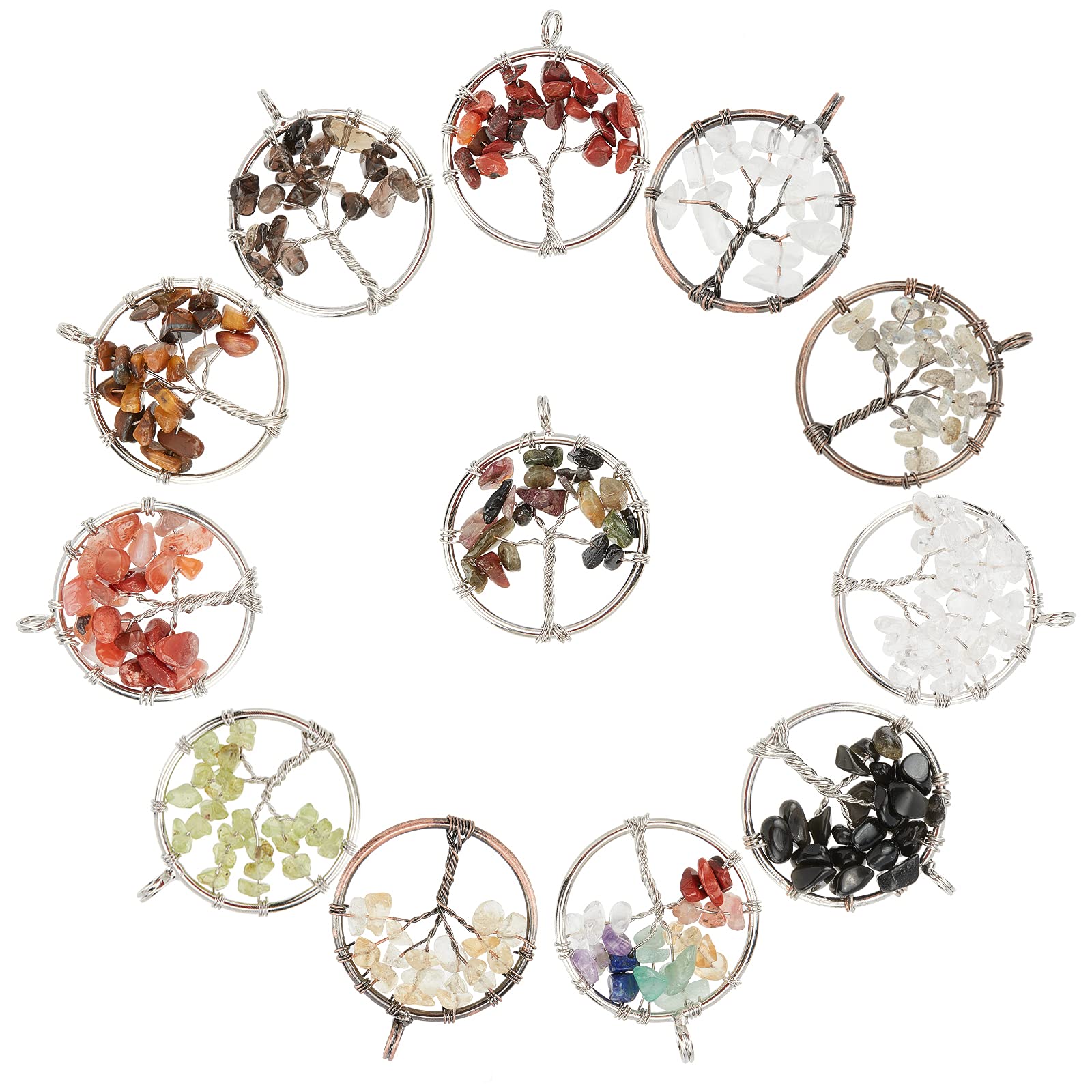 PandaHall 12 Color Tree of Life Pendant Charms Chakra Crystal Stone Pendant Positive Gemstone Pendant Quartz Charms for Necklace Earring Jewellery Making Crafting