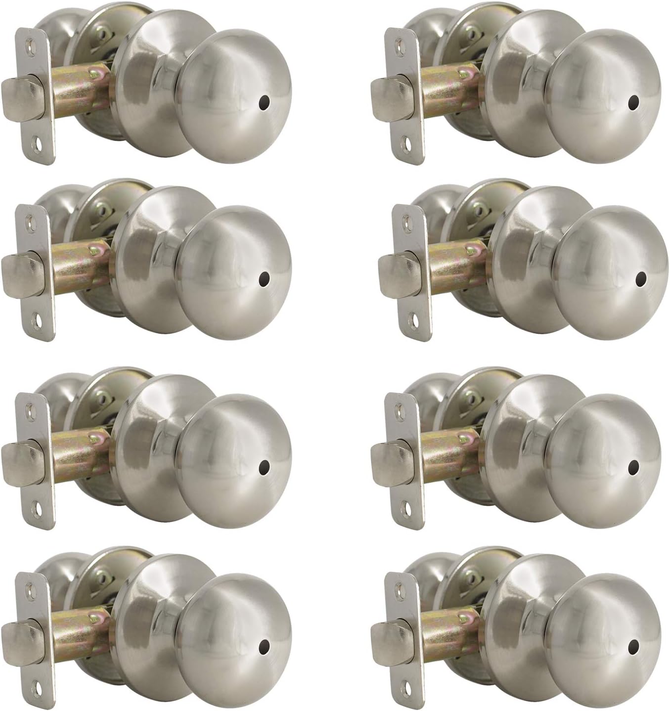 8 Pack Privacy Door Knobs Door Locks Keyless Doorknobs Flat Round Door Lockset in Satin Nickel for Bedroom and Barthroom Adjustable Latch Backset by Probrico-Door Knob 5766