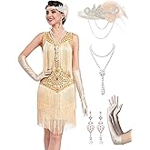 RRYIO 1920s Flapper Dresses for Women, Lace V-Neck Great Gatsby Costumes with Fringe