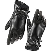 FURTALK Winter PU Leather Gloves for Women with Bow-Accent Cold Weather Touchscreen Driving Warm Fleece Lined