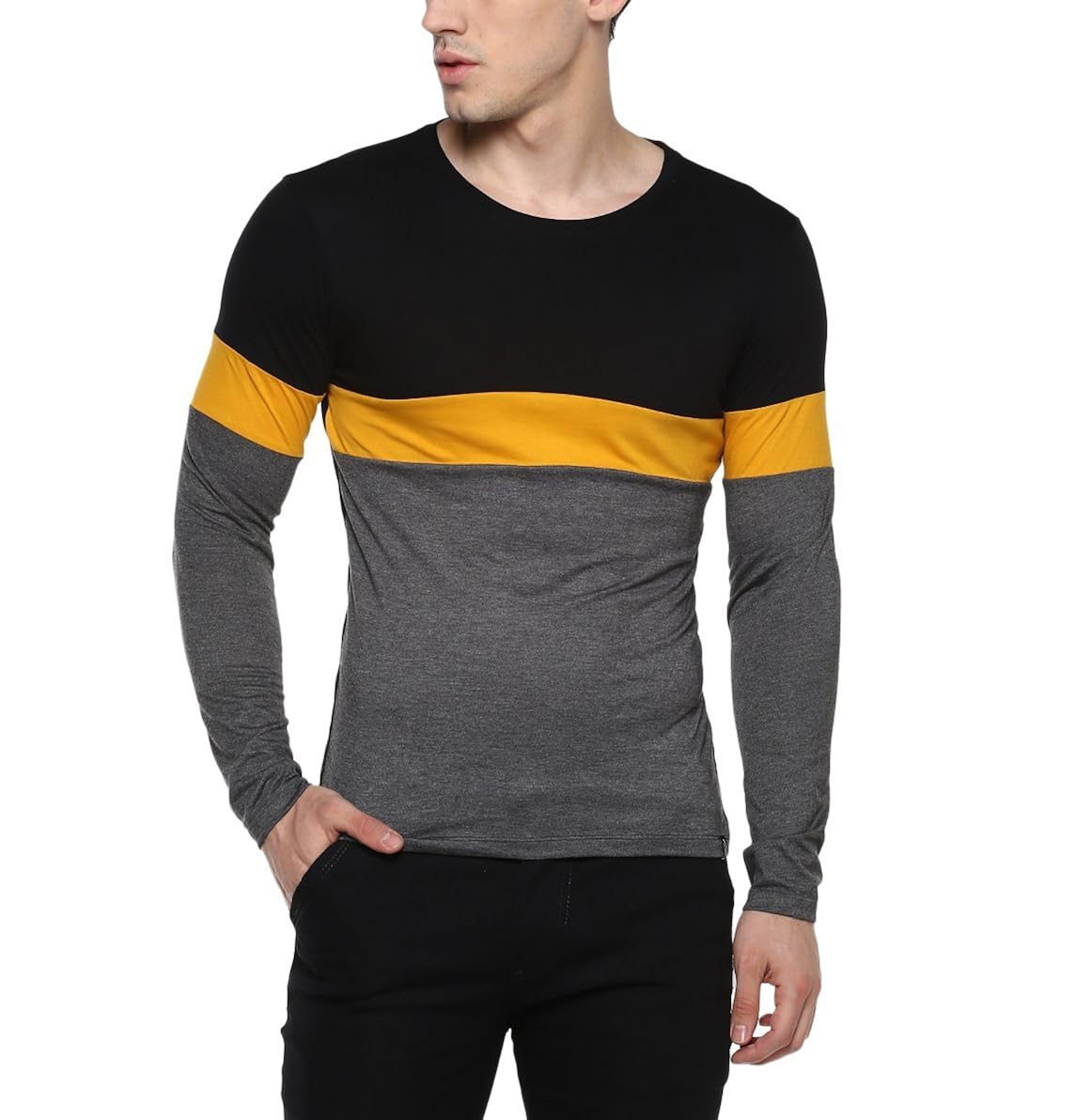 urbano fashion men's black, yellow, grey round neck full sleeve cotton t-shirt