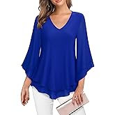 Lotusmile Womens Dressy Blouse Double Layers Mesh Shirt Ruffle 3/4 Flared Sleeve Tunic Tops