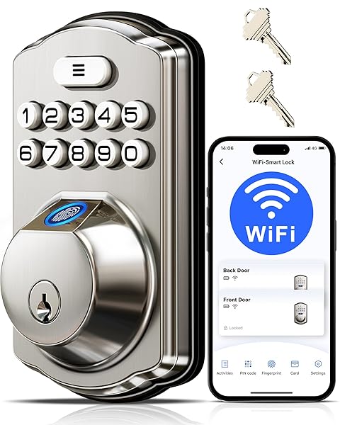VEISE VE012W BUILT-IN WIFI FINGERPRINT SMART LOCK, APP REMOTE CONTROL, NO HUB NEEDED, KEYLESS ENTRY, FRONT DOOR SMART DEADBOLT, DIGITAL KEYPAD, AUTO LOCK, IP55 WATERPROOF, BHMA GRADE 3, SATIN NICKEL
