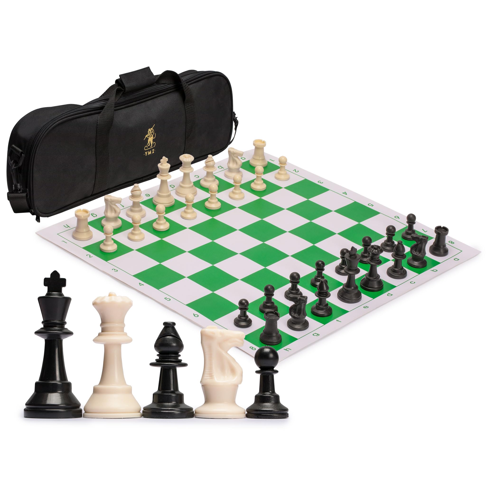 Yellow Mountain Imports Regulation Tournament Roll-Up Staunton Chess Game Set (50-centimeter) with Travel Bag, 2 Extra Queens, and Weighted Chessmen - Green